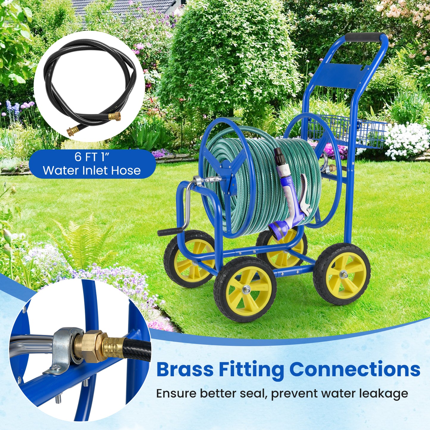 Metal Garden Hose Reel Cart, 4 Wheels, Storage Basket, Blue Watering & Irrigation at Gallery Canada