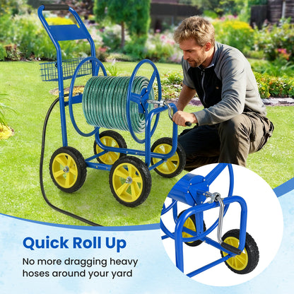 Metal Garden Hose Reel Cart, 4 Wheels, Storage Basket, Blue Watering & Irrigation at Gallery Canada