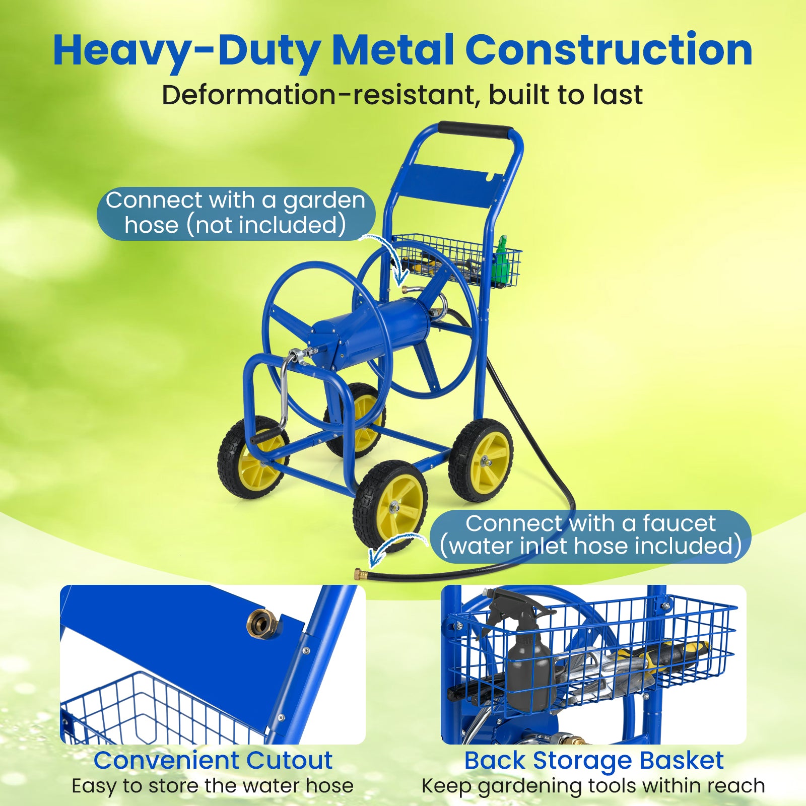 Metal Garden Hose Reel Cart, 4 Wheels, Storage Basket, Blue Watering & Irrigation at Gallery Canada