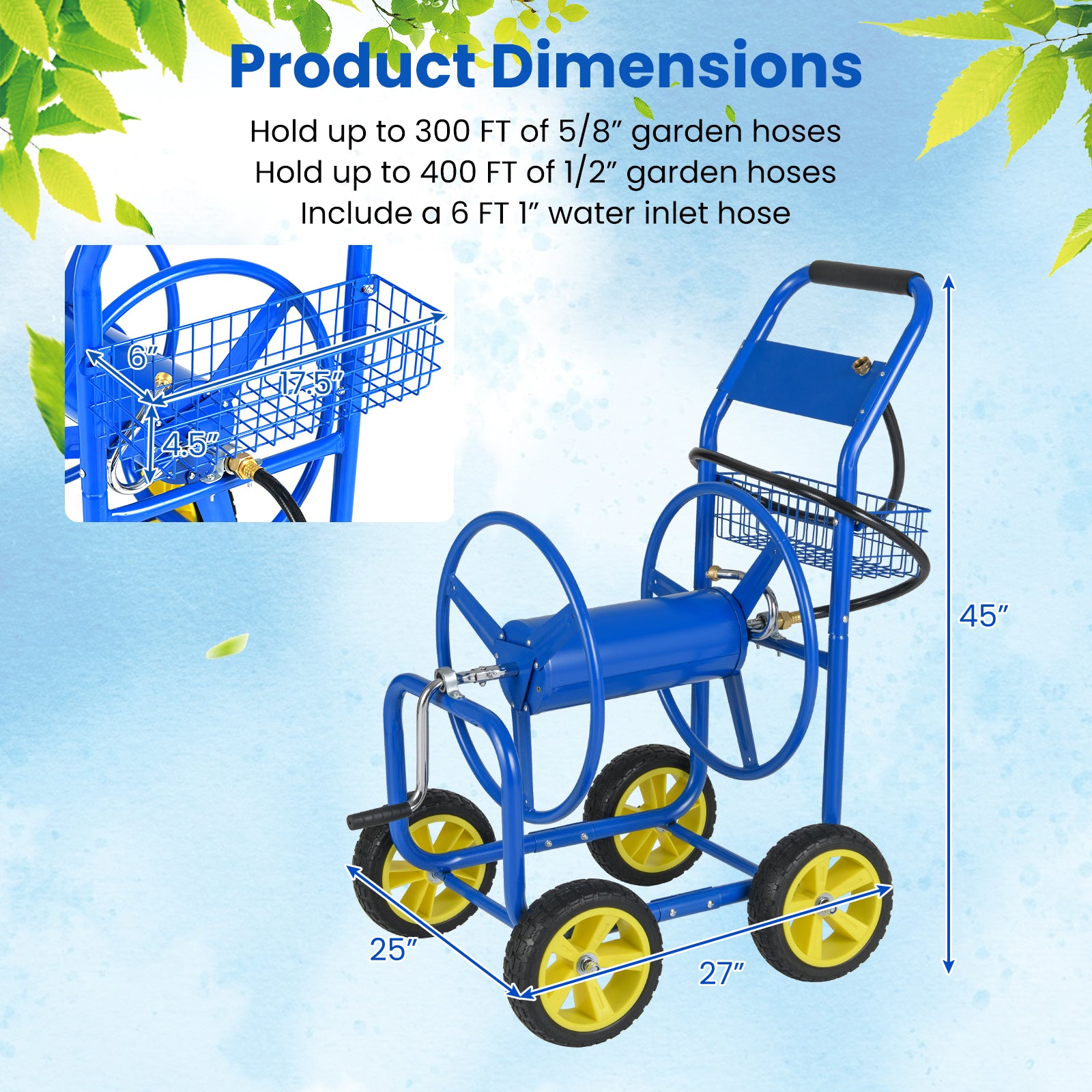 Metal Garden Hose Reel Cart, 4 Wheels, Storage Basket, Blue Watering & Irrigation at Gallery Canada