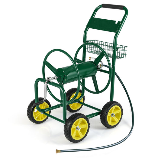 Metal Garden Hose Reel Cart With 4 Wheels, Storage Basket, Green