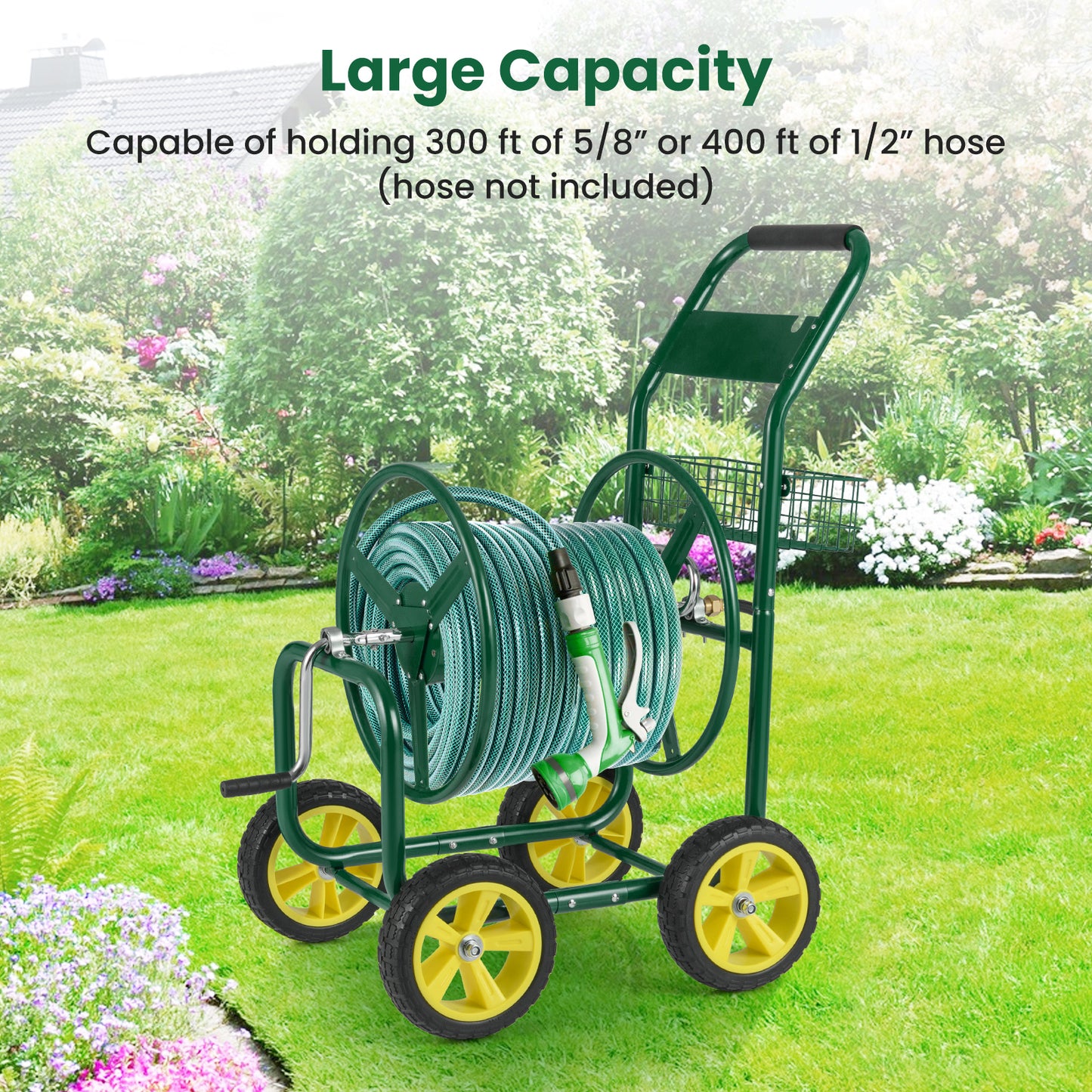 Metal Garden Hose Reel Cart With 4 Wheels, Storage Basket, Green Watering & Irrigation at Gallery Canada