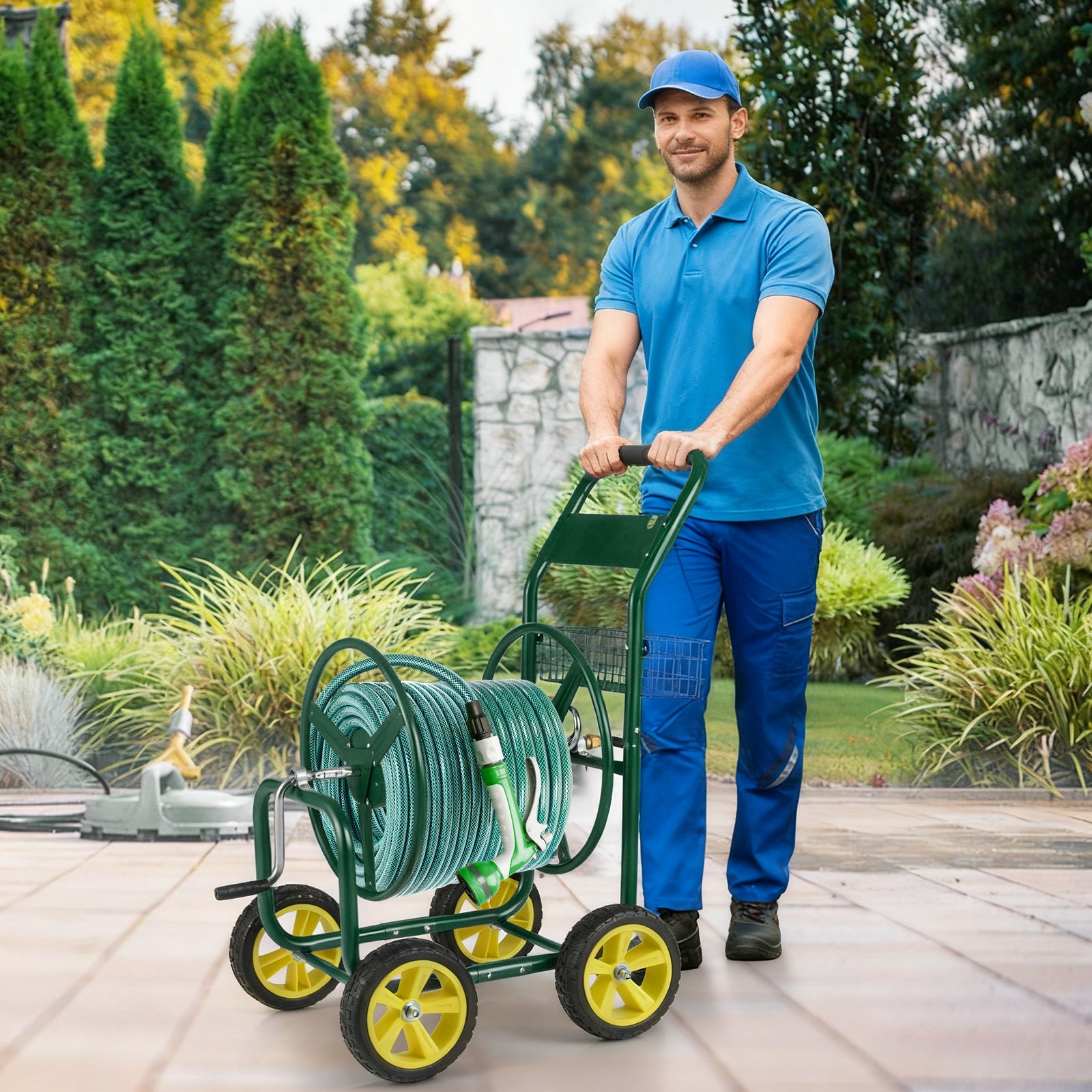 Metal Garden Hose Reel Cart With 4 Wheels, Storage Basket, Green Watering & Irrigation at Gallery Canada