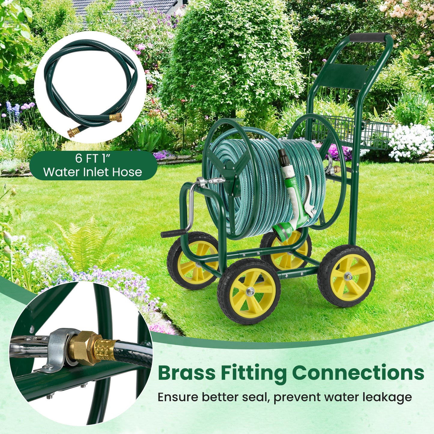 Metal Garden Hose Reel Cart With 4 Wheels, Storage Basket, Green Watering & Irrigation at Gallery Canada