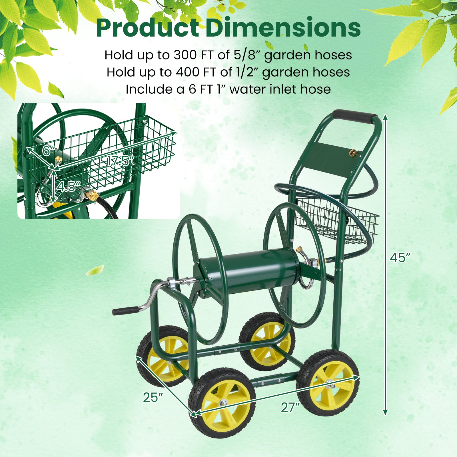 Metal Garden Hose Reel Cart With 4 Wheels, Storage Basket, Green Watering & Irrigation at Gallery Canada