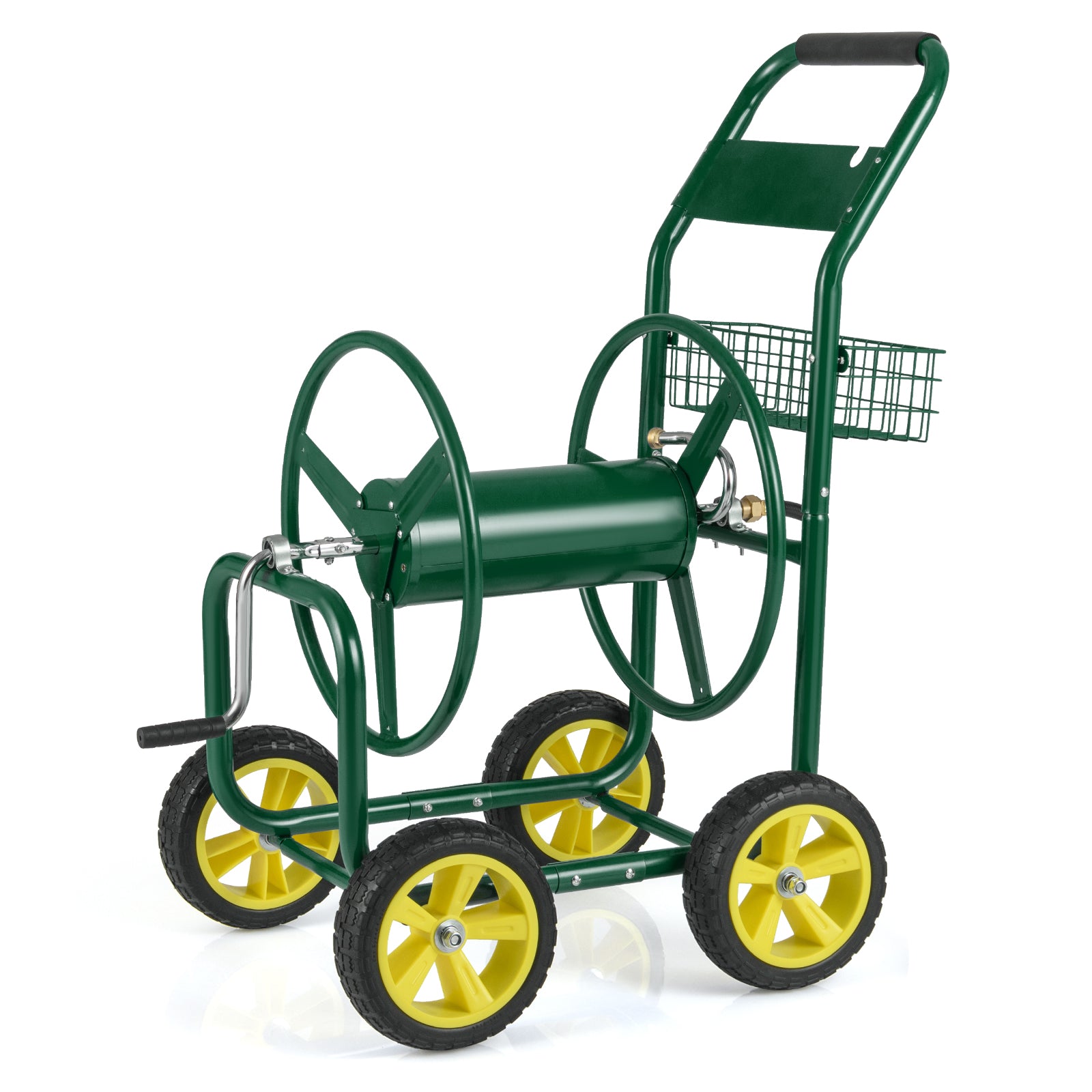 Metal Garden Hose Reel Cart With 4 Wheels, Storage Basket, Green Watering & Irrigation at Gallery Canada
