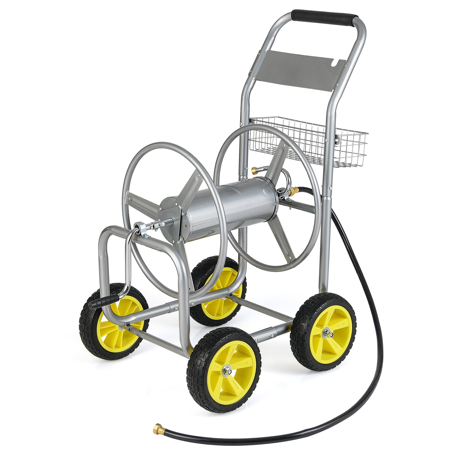 Metal Garden Hose Reel Cart, 4 Wheels, Storage Basket, Silver Watering & Irrigation at Gallery Canada