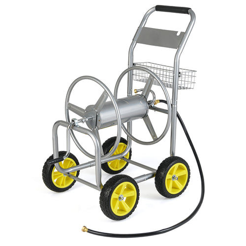 Metal Garden Hose Reel Cart, 4 Wheels, Storage Basket, Silver
