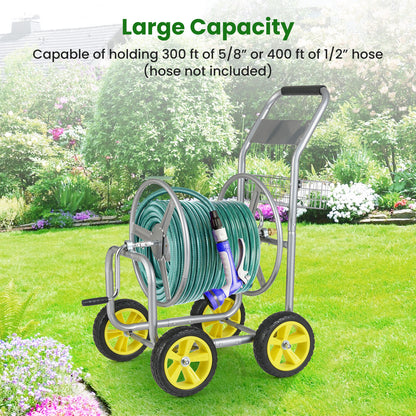 Metal Garden Hose Reel Cart, 4 Wheels, Storage Basket, Silver Watering & Irrigation at Gallery Canada