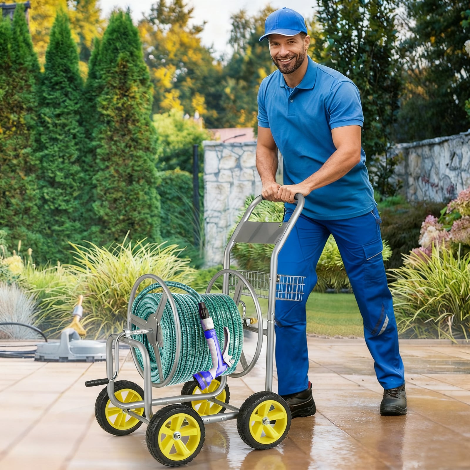 Metal Garden Hose Reel Cart, 4 Wheels, Storage Basket, Silver Watering & Irrigation at Gallery Canada