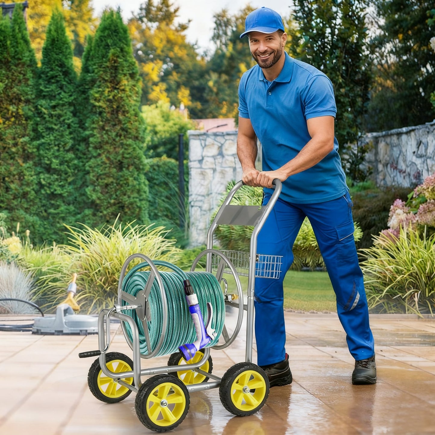 Metal Garden Hose Reel Cart, 4 Wheels, Storage Basket, Silver Watering & Irrigation at Gallery Canada