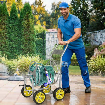 Metal Garden Hose Reel Cart, 4 Wheels, Storage Basket, Silver Watering & Irrigation at Gallery Canada