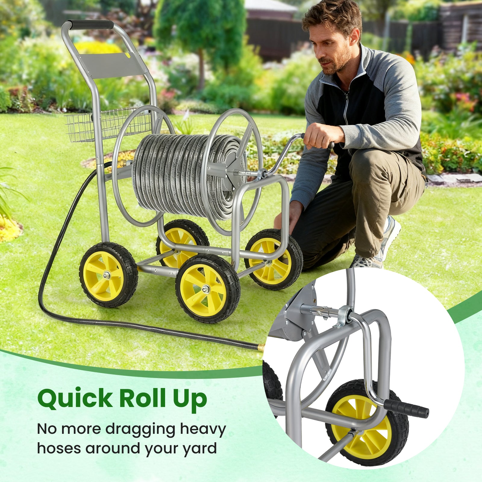 Metal Garden Hose Reel Cart, 4 Wheels, Storage Basket, Silver Watering & Irrigation at Gallery Canada