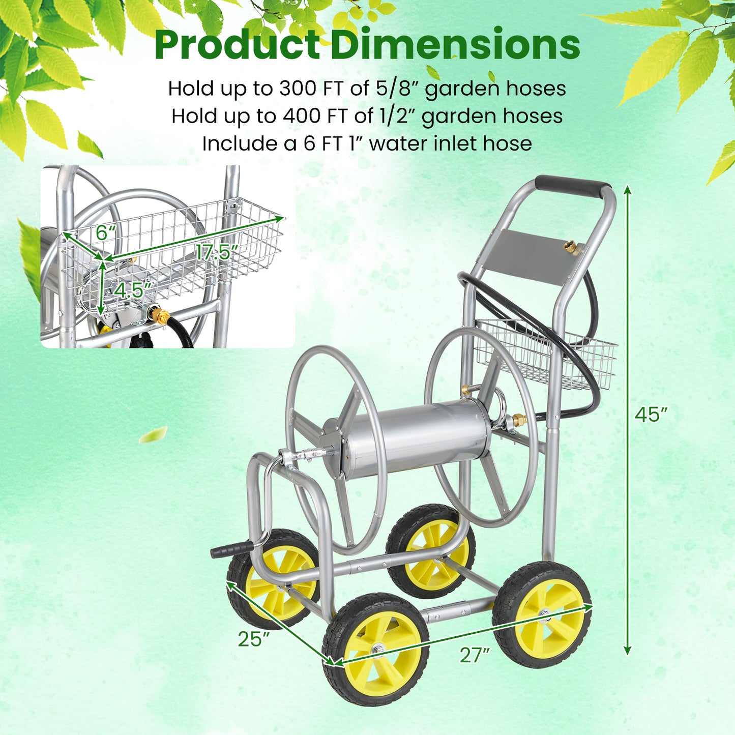 Metal Garden Hose Reel Cart, 4 Wheels, Storage Basket, Silver Watering & Irrigation at Gallery Canada
