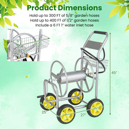 Metal Garden Hose Reel Cart, 4 Wheels, Storage Basket, Silver Watering & Irrigation at Gallery Canada