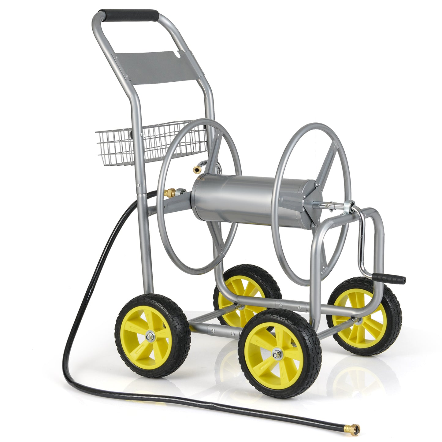 Metal Garden Hose Reel Cart, 4 Wheels, Storage Basket, Silver Watering & Irrigation at Gallery Canada