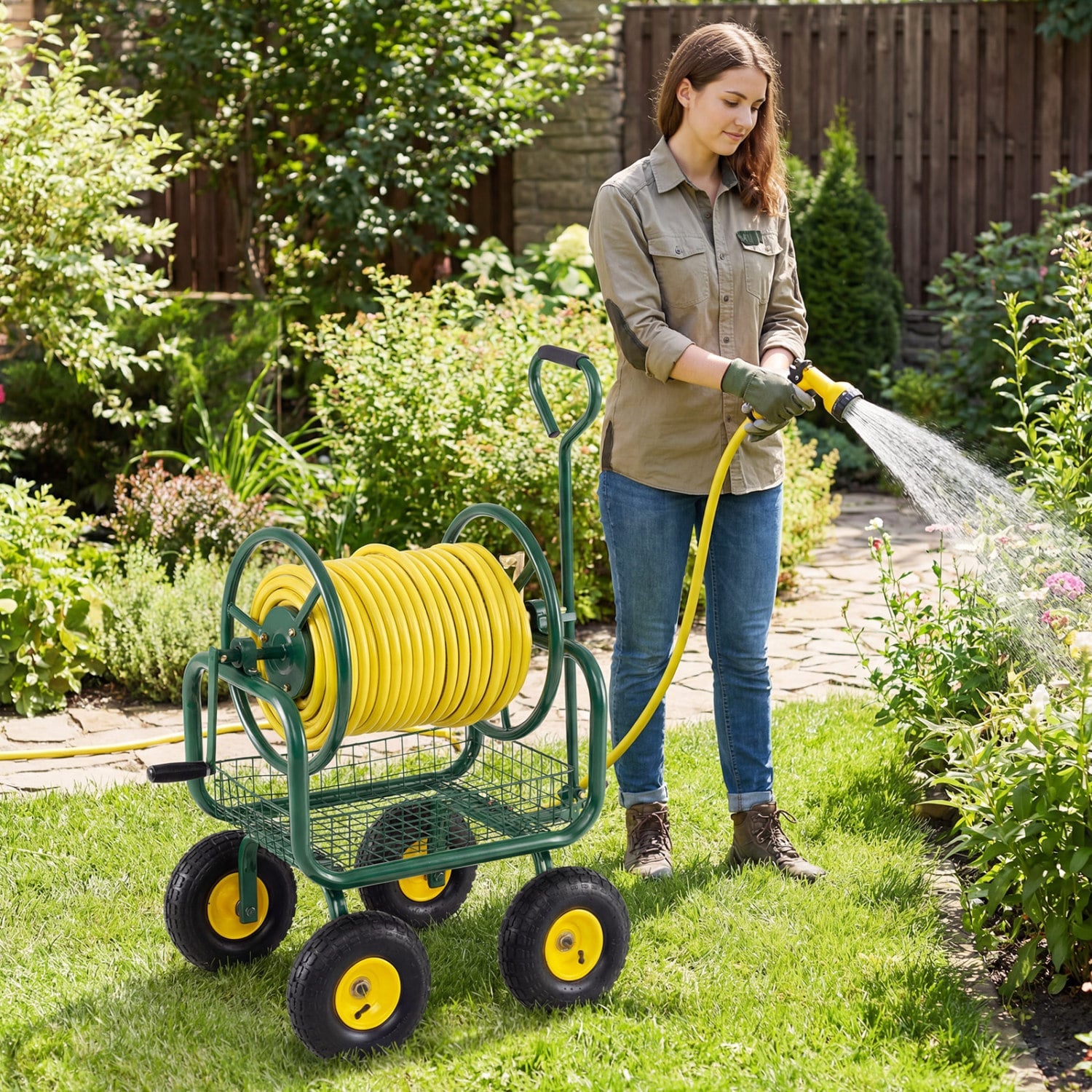 Garden Hose Reel Cart, 300 Feet, Large Capacity, 4 Wheels, Storage Basket, Green Watering & Irrigation at Gallery Canada