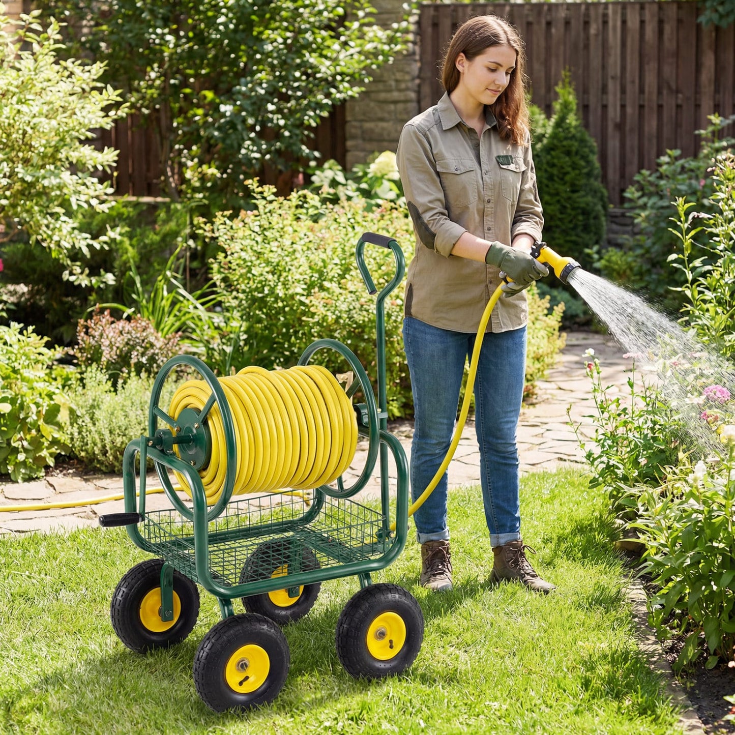 Garden Hose Reel Cart, 300 Feet, Large Capacity, 4 Wheels, Storage Basket, Green Watering & Irrigation at Gallery Canada