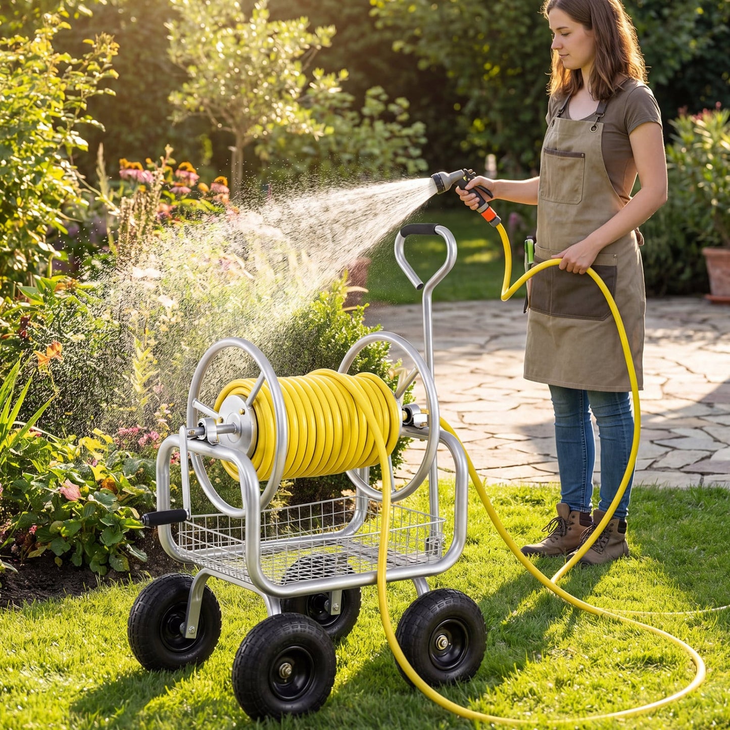Garden Hose Reel Cart, 300 Feet Large Capacity, 4 Wheels, Storage Basket, Silver Watering & Irrigation at Gallery Canada