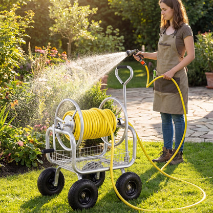 Garden Hose Reel Cart, 300 Feet Large Capacity, 4 Wheels, Storage Basket, Silver Watering & Irrigation at Gallery Canada
