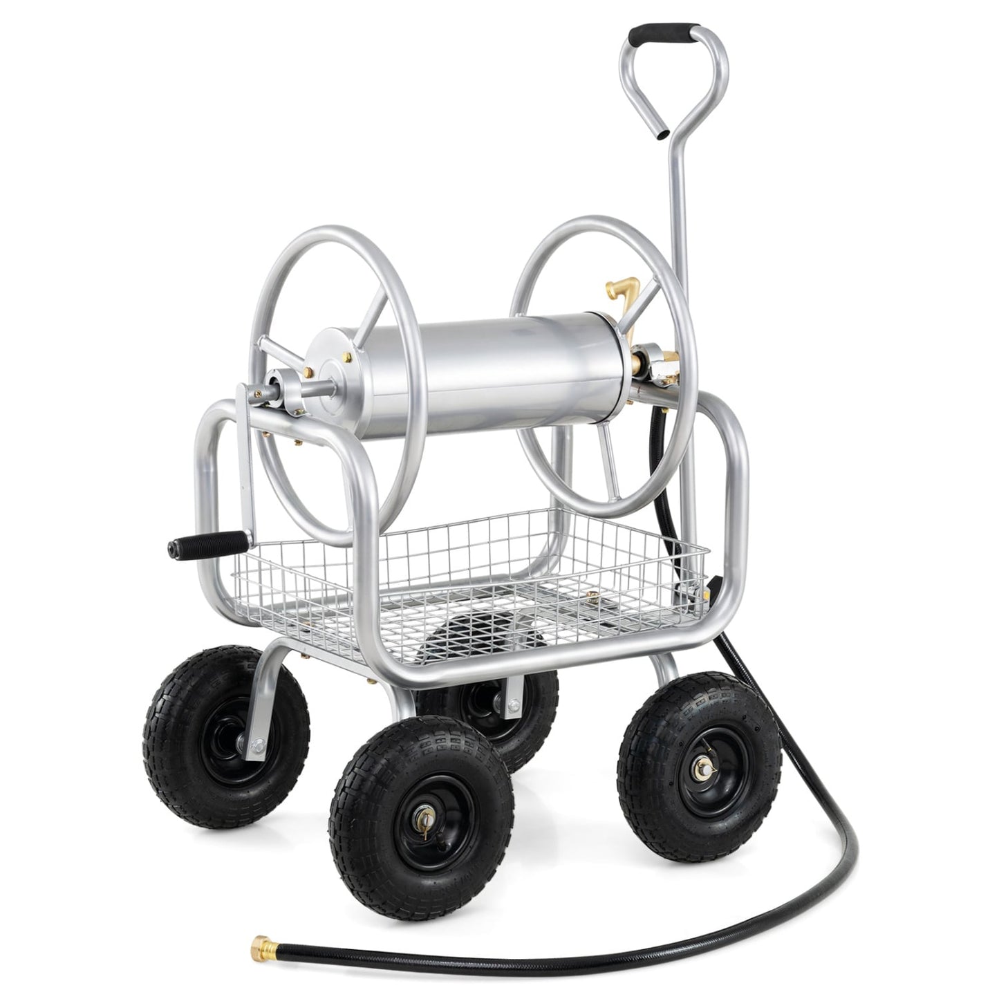 Garden Hose Reel Cart, 300 Feet Large Capacity, 4 Wheels, Storage Basket, Silver Watering & Irrigation Silver at Gallery Canada