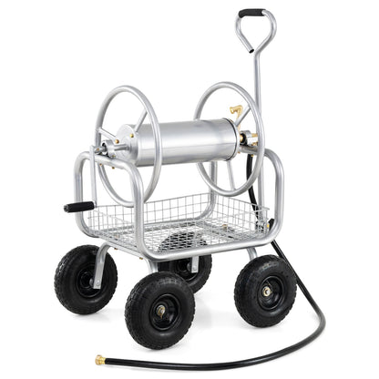 Garden Hose Reel Cart, 300 Feet Large Capacity, 4 Wheels, Storage Basket, Silver Watering & Irrigation Silver at Gallery Canada