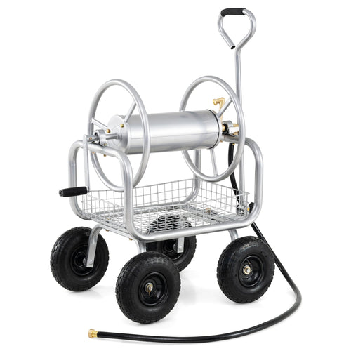 Garden Hose Reel Cart, 300 Feet Large Capacity, 4 Wheels, Storage Basket, Silver