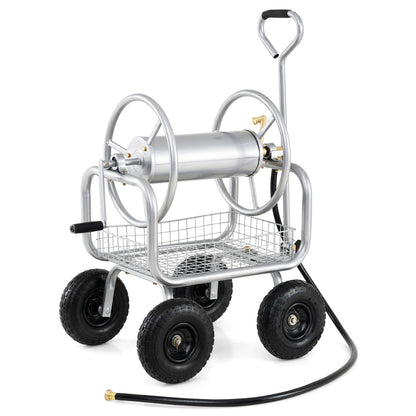 Garden Hose Reel Cart, 300 Feet Large Capacity, 4 Wheels, Storage Basket, Silver Watering & Irrigation Silver at Gallery Canada
