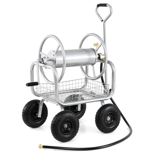 Garden Hose Reel Cart, 300 Feet Large Capacity, 4 Wheels, Storage Basket, Silver Watering & Irrigation Silver at Gallery Canada