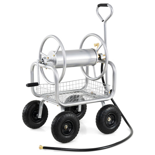 Garden Hose Reel Cart, 300 Feet Large Capacity, 4 Wheels, Storage Basket, Silver