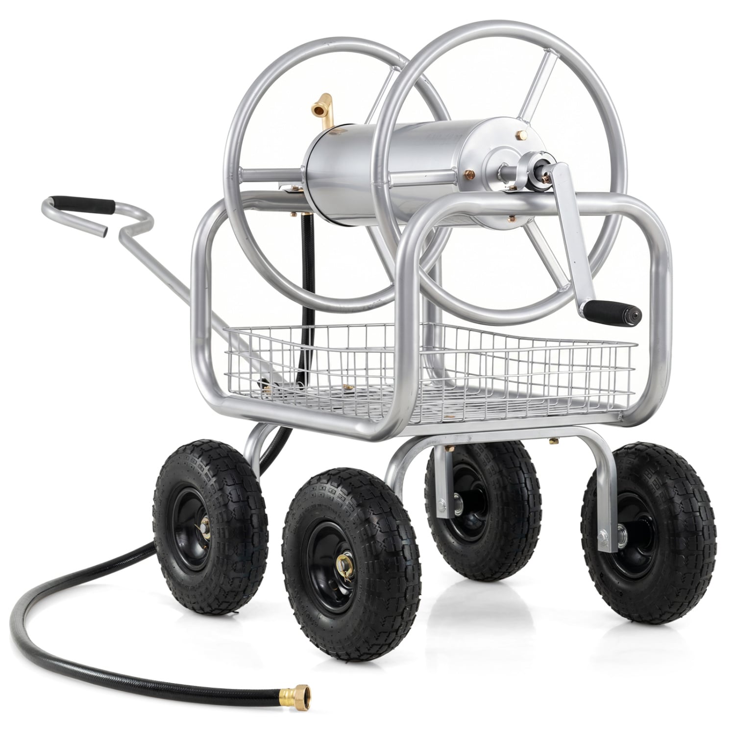 Garden Hose Reel Cart, 300 Feet Large Capacity, 4 Wheels, Storage Basket, Silver Watering & Irrigation at Gallery Canada