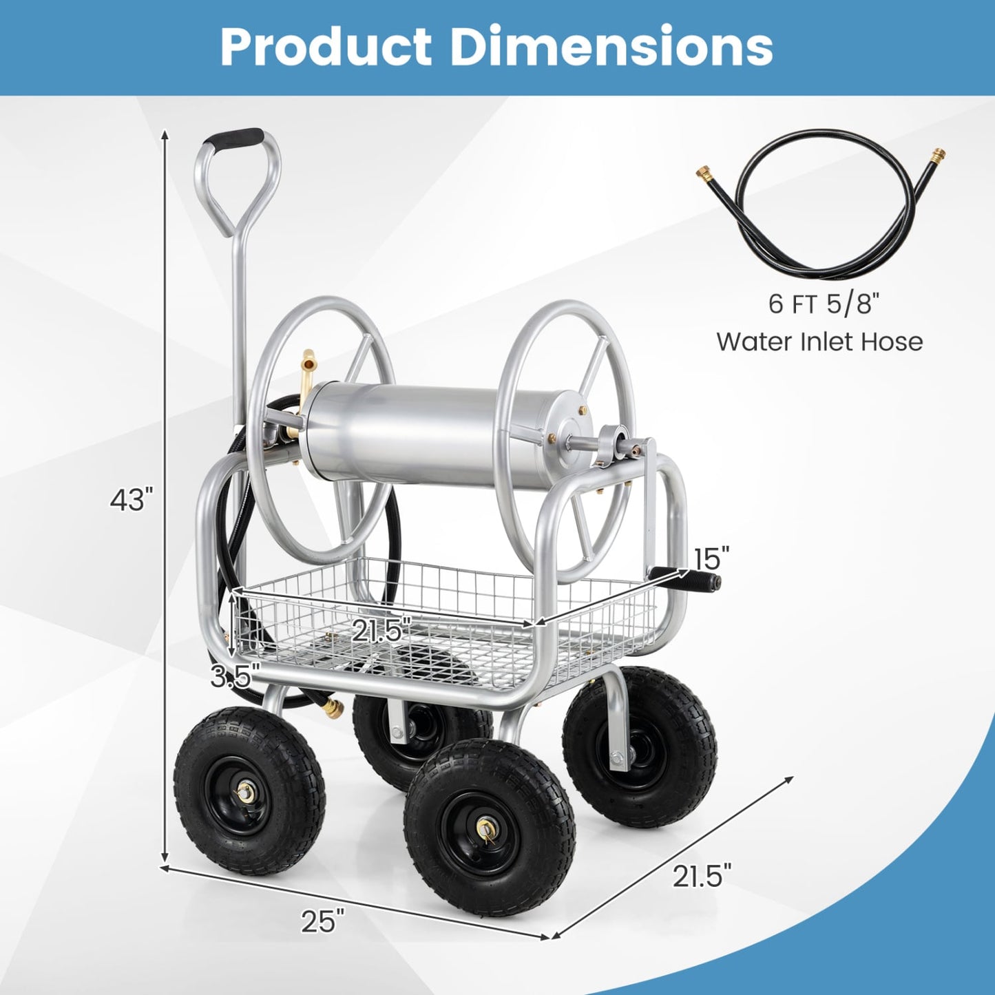 Garden Hose Reel Cart, 300 Feet Large Capacity, 4 Wheels, Storage Basket, Silver Watering & Irrigation at Gallery Canada