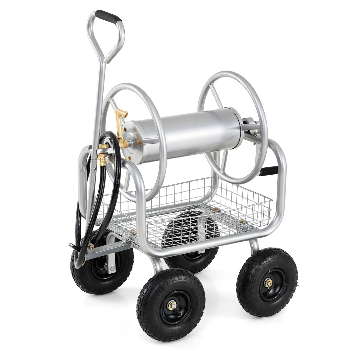 Garden Hose Reel Cart, 300 Feet Large Capacity, 4 Wheels, Storage Basket, Silver Watering & Irrigation at Gallery Canada