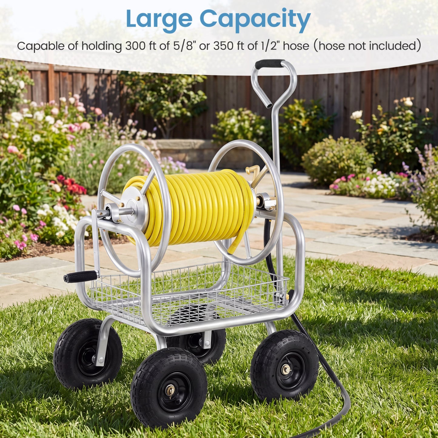 Garden Hose Reel Cart, 300 Feet Large Capacity, 4 Wheels, Storage Basket, Silver Watering & Irrigation at Gallery Canada