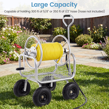 Garden Hose Reel Cart, 300 Feet Large Capacity, 4 Wheels, Storage Basket, Silver Watering & Irrigation at Gallery Canada