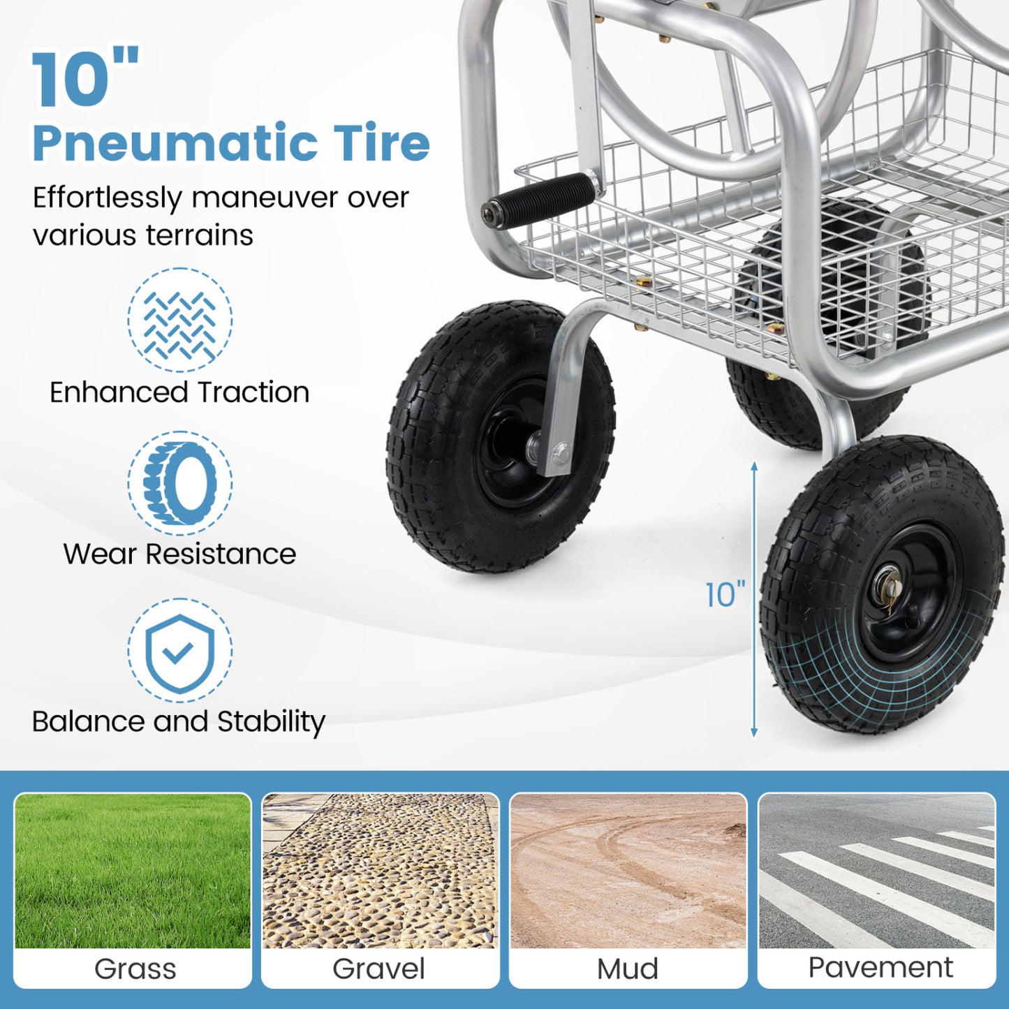 Garden Hose Reel Cart, 300 Feet Large Capacity, 4 Wheels, Storage Basket, Silver Watering & Irrigation at Gallery Canada