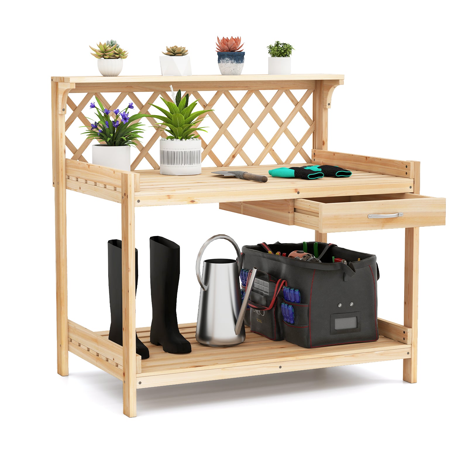 Garden Potting Bench Table Wooden Planting Workstation with Lattice Trellis Potting Benches & Tables Options at Gallery Canada