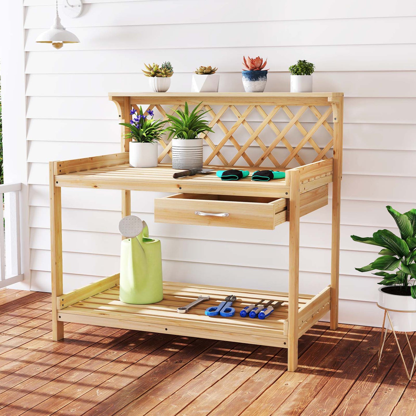 Garden Potting Bench Table Wooden Planting Workstation with Lattice Trellis Potting Benches & Tables at Gallery Canada