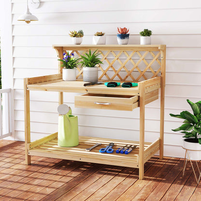 Garden Potting Bench Table Wooden Planting Workstation with Lattice Trellis Potting Benches & Tables at Gallery Canada