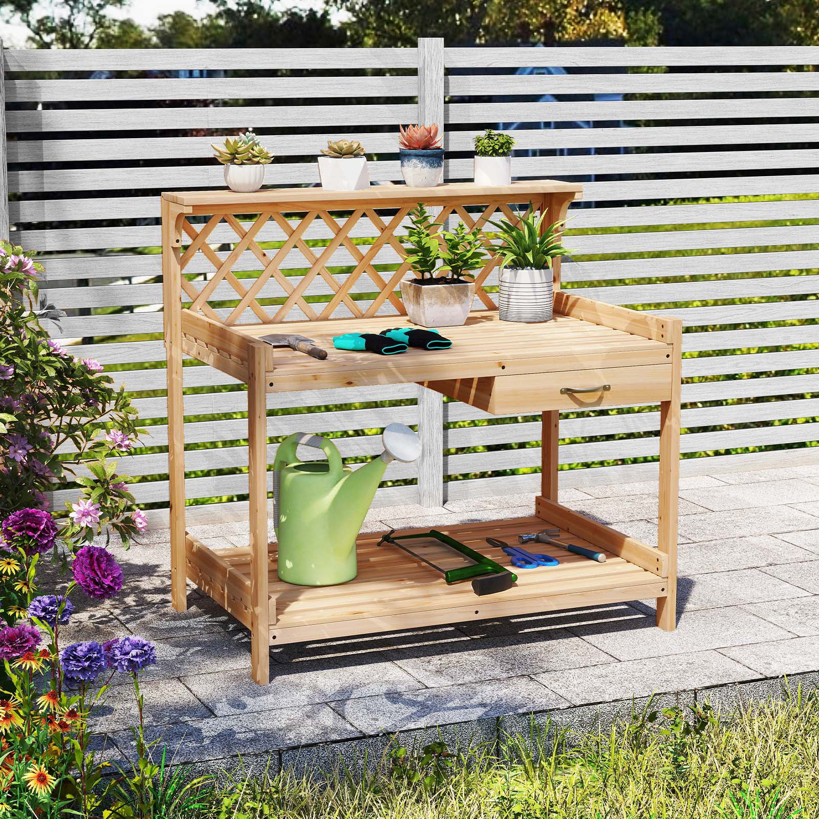 Garden Potting Bench Table Wooden Planting Workstation with Lattice Trellis Potting Benches & Tables at Gallery Canada