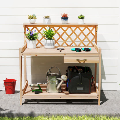 Garden Potting Bench Table Wooden Planting Workstation with Lattice Trellis Potting Benches & Tables at Gallery Canada