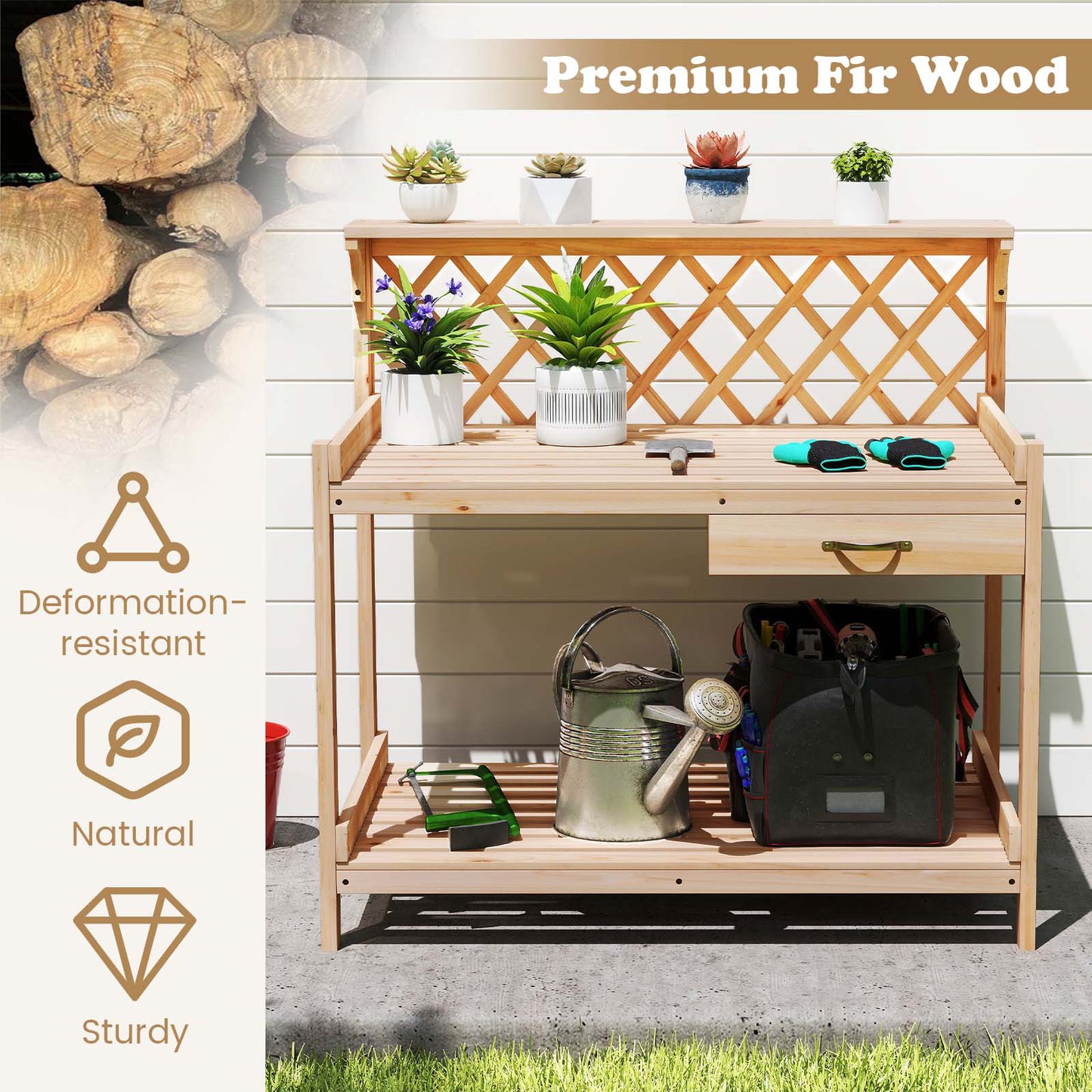 Garden Potting Bench Table Wooden Planting Workstation with Lattice Trellis Potting Benches & Tables at Gallery Canada