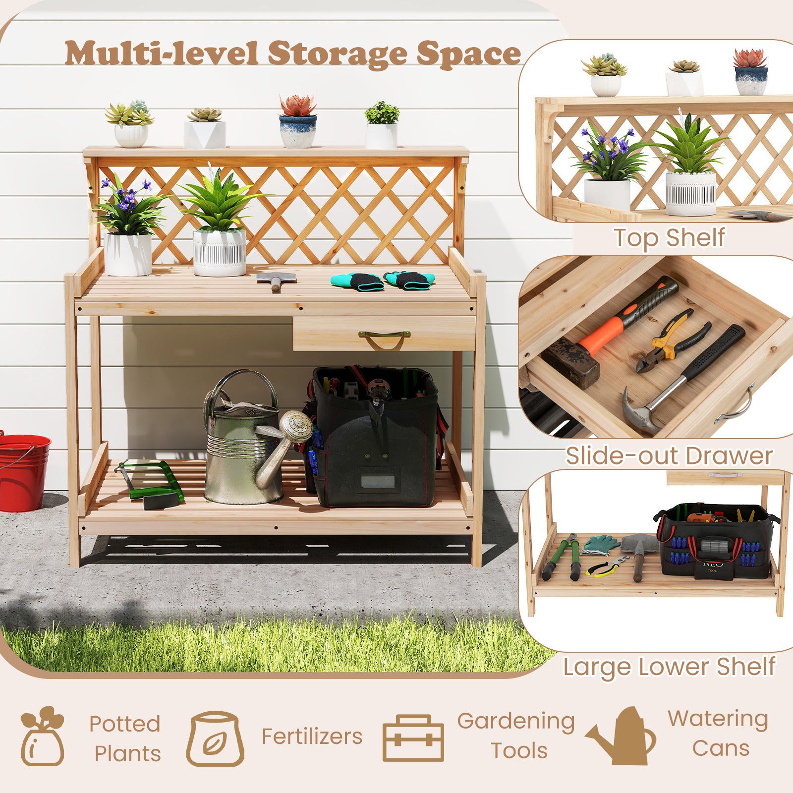 Garden Potting Bench Table Wooden Planting Workstation with Lattice Trellis Potting Benches & Tables at Gallery Canada
