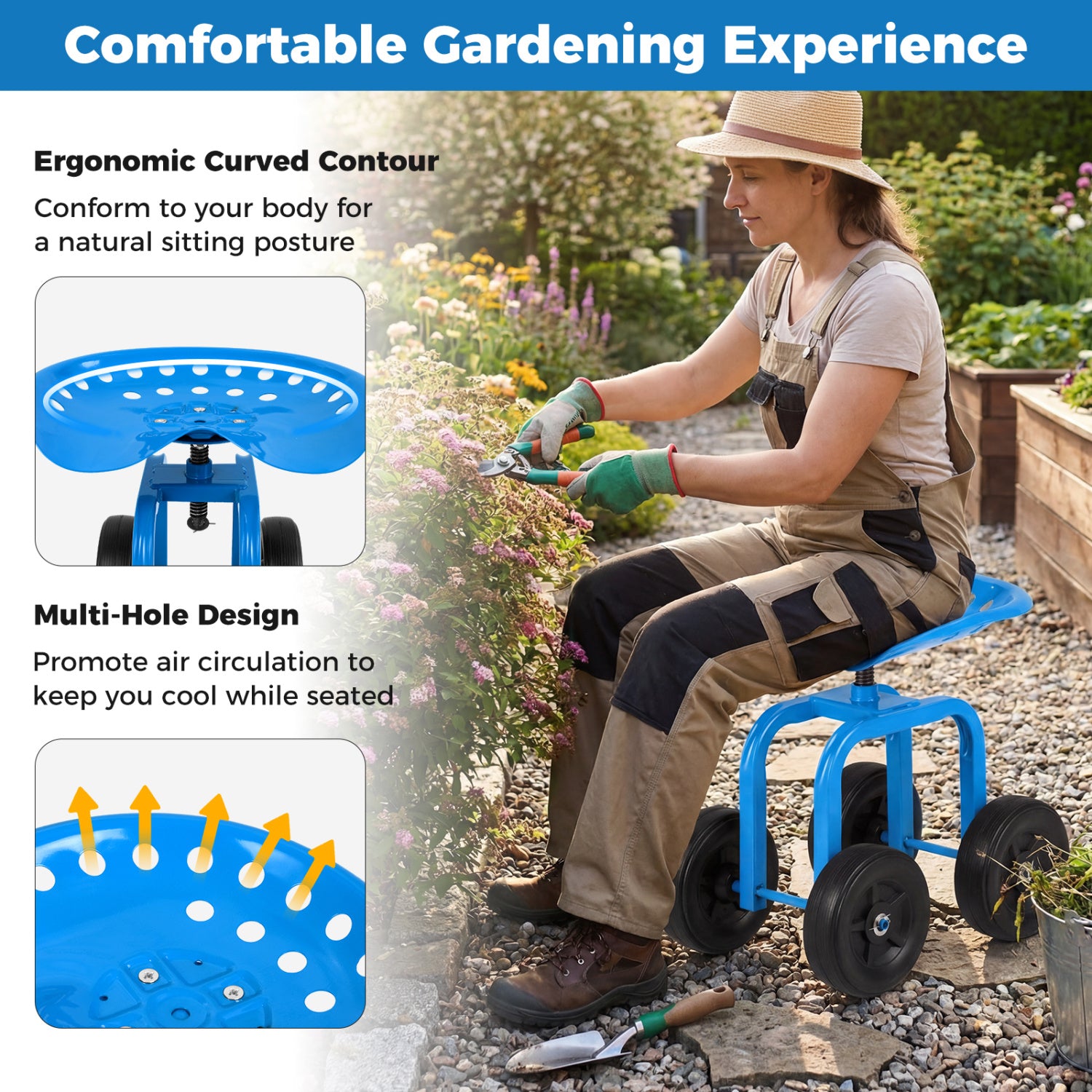 Garden Rolling Workseat, 360° Swivel Seat, Adjustable Height, Blue Garden Tools at Gallery Canada