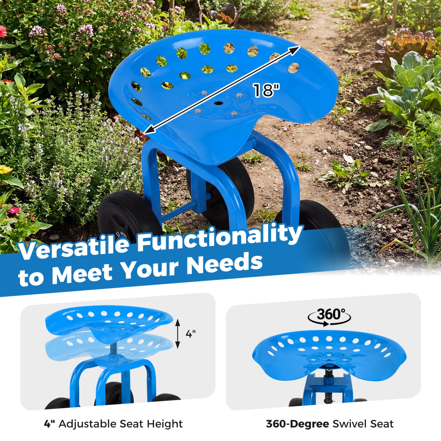 Garden Rolling Workseat, 360° Swivel Seat, Adjustable Height, Blue Garden Tools at Gallery Canada