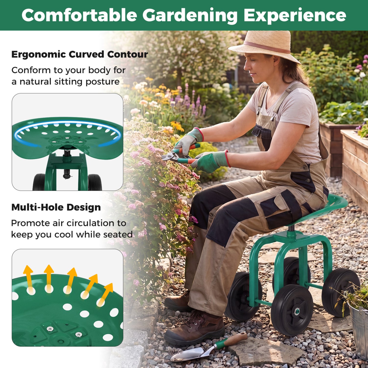 Garden Rolling Workseat, 360° Swivel, Adjustable Height, Green Garden Tools at Gallery Canada