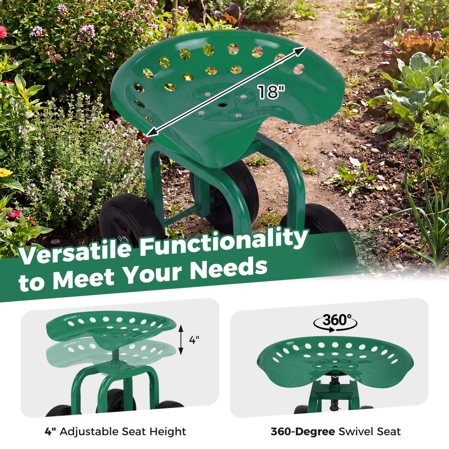 Garden Rolling Workseat, 360° Swivel, Adjustable Height, Green Garden Tools at Gallery Canada