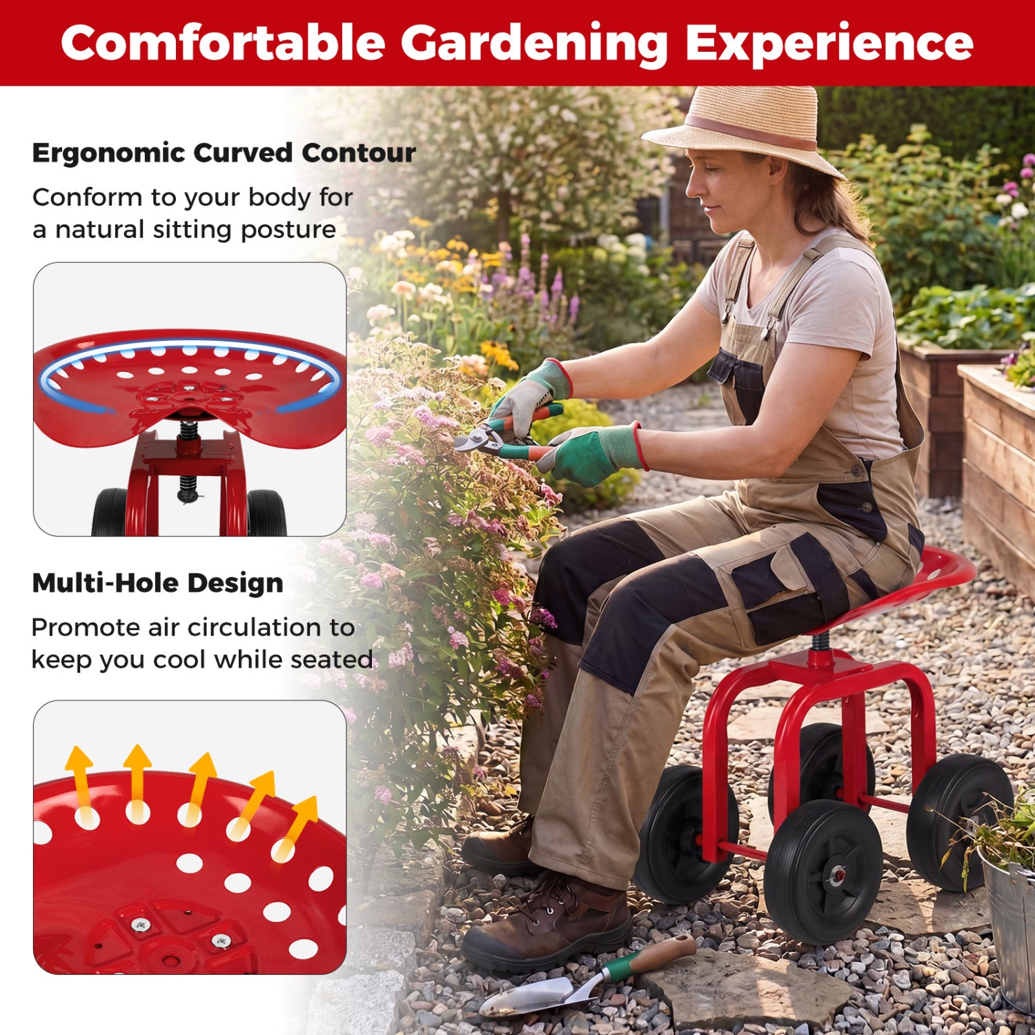 Garden Rolling Workseat, 360° Swivel, Adjustable Height, Red Garden Tools at Gallery Canada
