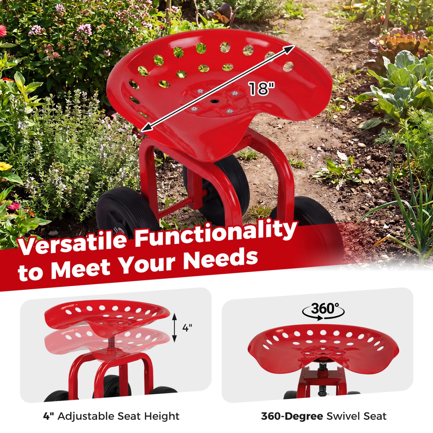 Garden Rolling Workseat, 360° Swivel, Adjustable Height, Red Garden Tools at Gallery Canada