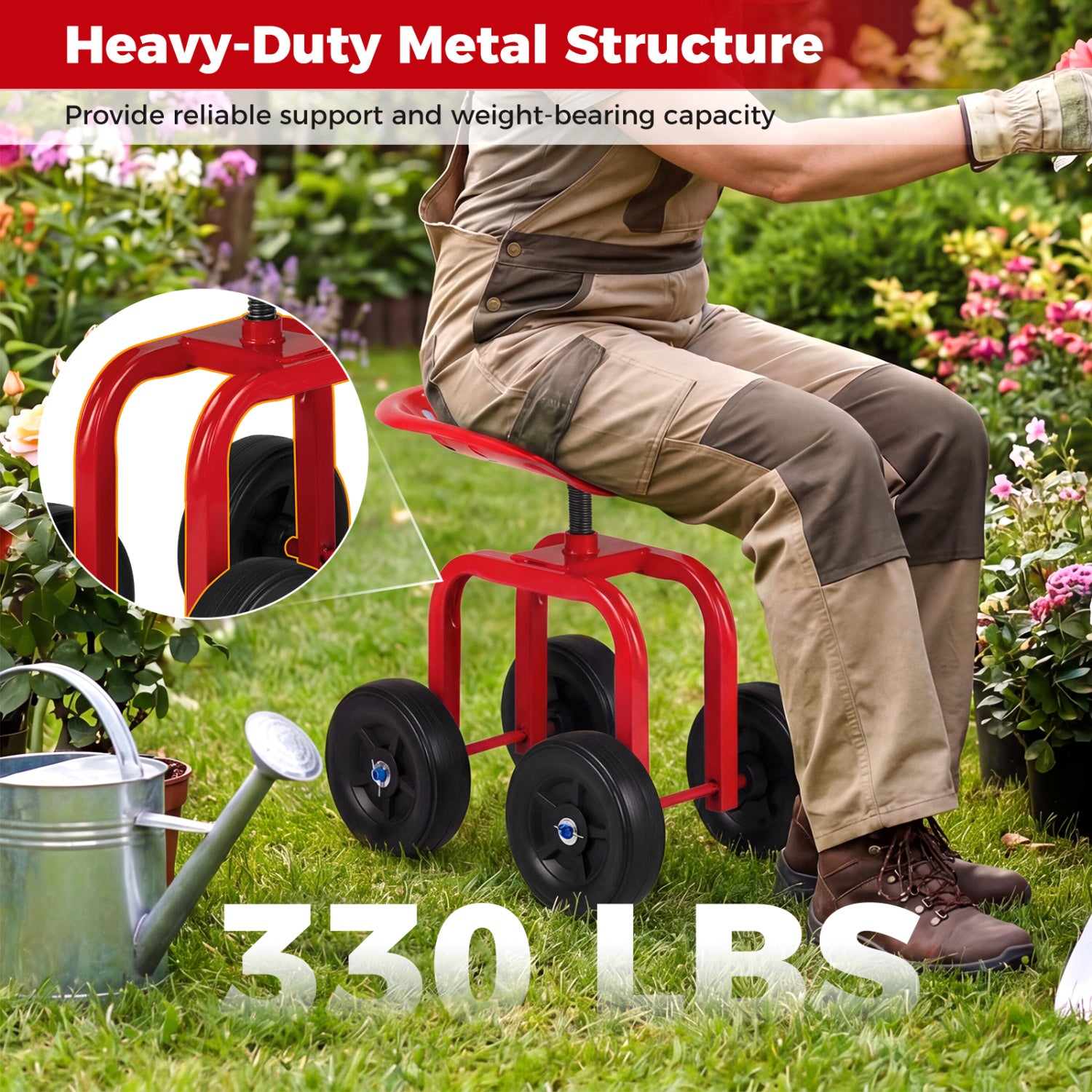 Garden Rolling Workseat, 360° Swivel, Adjustable Height, Red Garden Tools at Gallery Canada